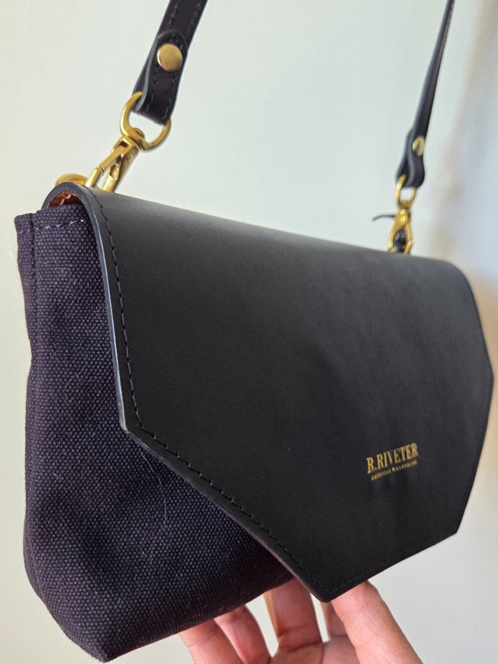 EUC LIKE NEW R. RIVETER PATTON BLACK LEATHER CANVAS MIX CROSSBODY BAG SMALL